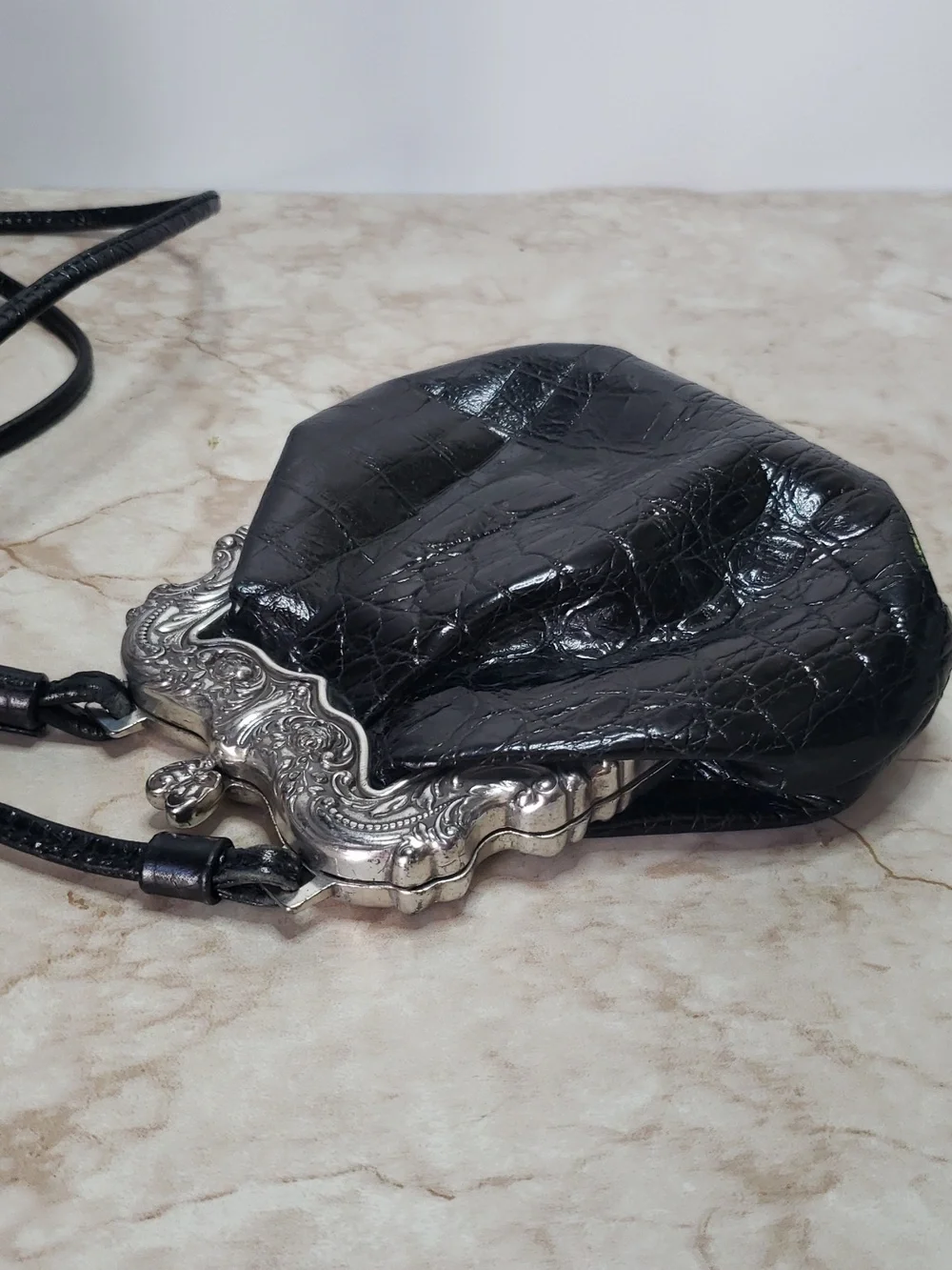 Brighton One World Black Leather Embossed  Croc Crossbody Bag with Silver Frame